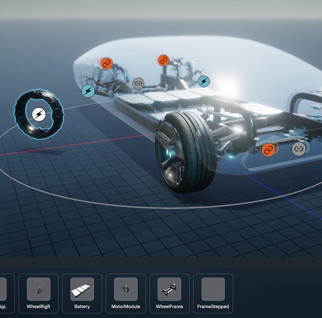 A digital rendering shows an electric vehicle chassis with highlighted components, such as wheels and battery. Interactive icons and selection menus are displayed, suggesting a design or simulation interface.
